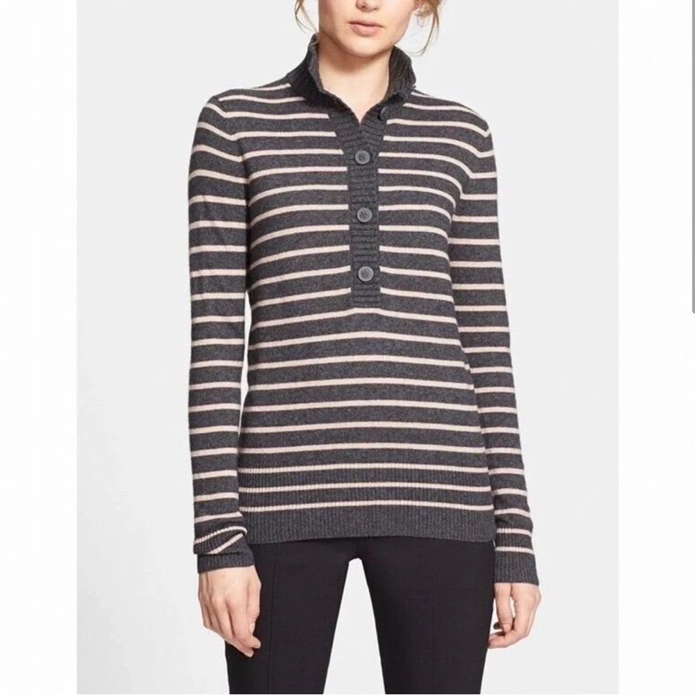 Tory Burch Giselle Sweater Womens‎ Small Petite Gray Striped Wool Cashmere Blend